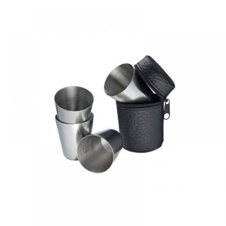 Fém pálinkás pohár szett bőr tartóban, nagy